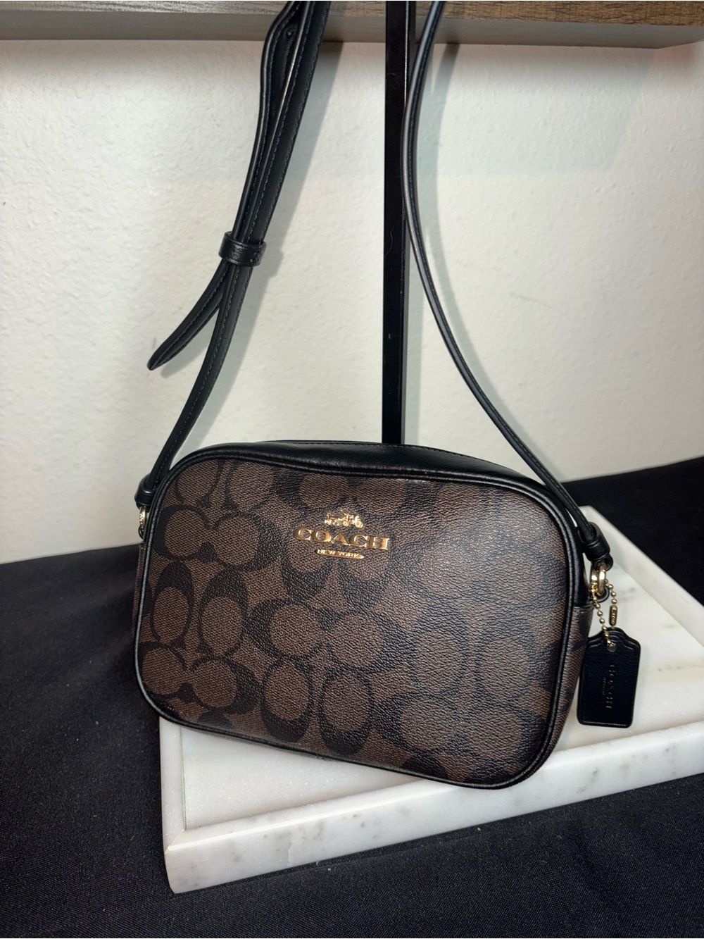 Coach Brown Signature C Canvas Crossbody Camera Bag with Black Trim